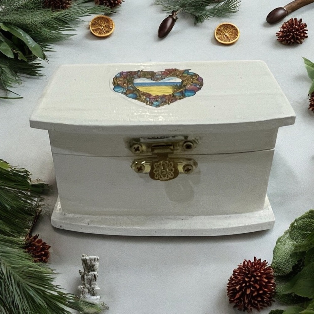 Handmade White Storage Box with Gold Accents And Seashell Motif.